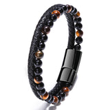 Volcanic Tiger Eye Beaded Natural Stone Bracelet Men's Cowhide Cord Bracelet