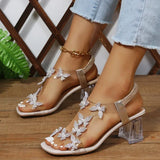 Summer Women Sandals Pvc Crystal Flower Decoration Chunky Heel Peep Toe Back Strap Elastic Band Elegant Fashion Shoes Ladies