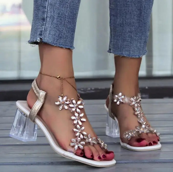 Summer Women Sandals Pvc Crystal Flower Decoration Chunky Heel Peep Toe Back Strap Elastic Band Elegant Fashion Shoes Ladies