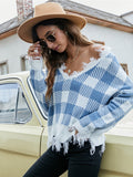 Distressed Checkered Knit Sweater for Women