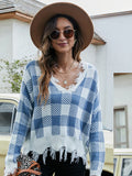 Distressed Checkered Knit Sweater for Women