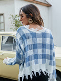 Distressed Checkered Knit Sweater for Women