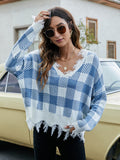 Distressed Checkered Knit Sweater for Women