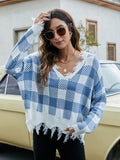 Distressed Checkered Knit Sweater for Women