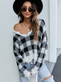 Distressed Checkered Knit Sweater for Women