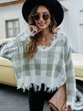 Distressed Checkered Knit Sweater for Women