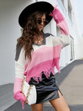 Distressed Checkered Knit Sweater for Women