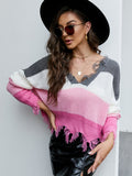 Distressed Checkered Knit Sweater for Women