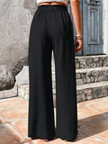 Elastic waist puff plaid casual wide leg pants