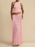 Backless lace-up halter top set and two-piece chiffon pleated long skirt with earrings