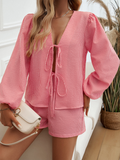 Casual Cardigan Lace-up Long Sleeve Shorts Set