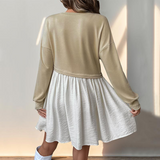 Casual everyday versatile long-sleeved round neck contrast color stitching dress