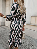 Bow Tie Waist Zebra Print Long Sleeve Dress