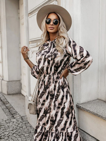 Bow Tie Waist Zebra Print Long Sleeve Dress